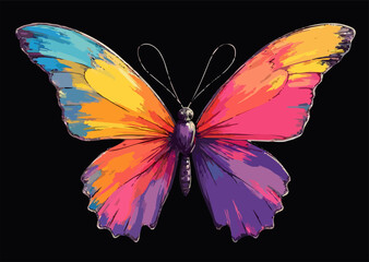 Vector t-shirt design with 
beautiful tropical bright colorful butterfly
isolated on black background.
Fashionable print for fabric, paper, 
children, women clothing. 
T shirt drawing for summer party