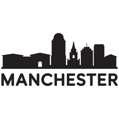 Fototapeta premium Manchester skyline horizontal banner. Manchester, New Hampshire. Vector template for your design. Vector black silhouette. with white background