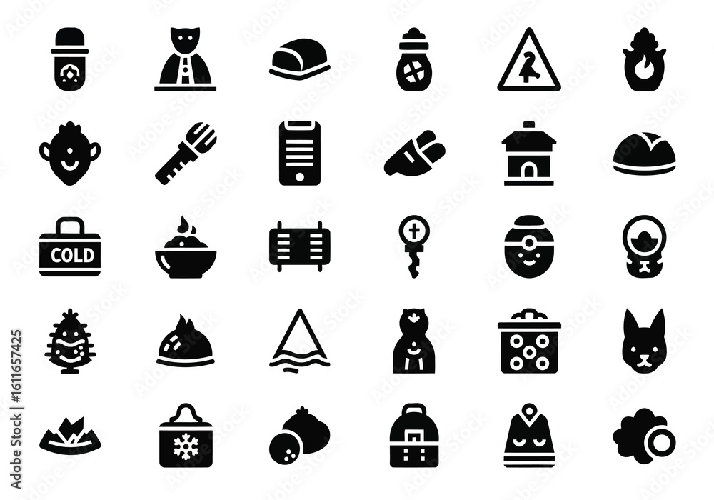 Poster vector art of a diverse collection of black glyph icons representing various objects and concepts, p