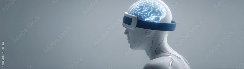 Poster a futuristic humanoid robot wearing a transparent helmet displaying a glowing digital brain, symboli