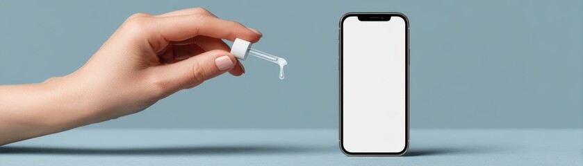 A hand holds a dropper above a smartphone, symbolizing digital health or tech-based wellness solutions, Mobile phone suspended in users hand while AI injects