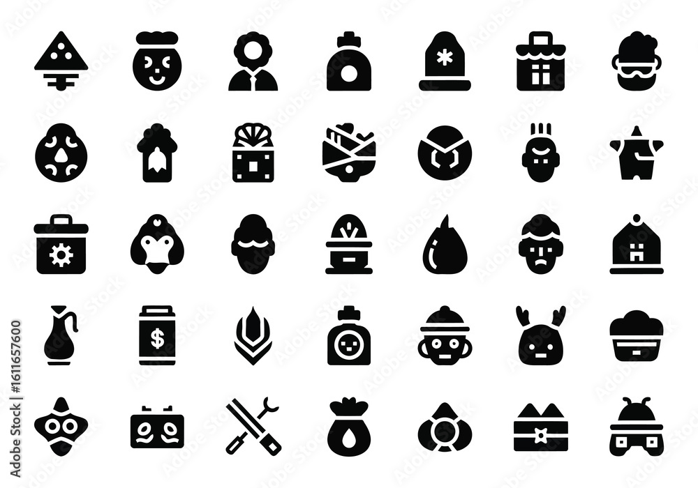 Poster vector art of a diverse collection of black flat icons representing various objects and concepts, is