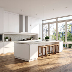 Modern White Kitchen Design with Large Windows and Island