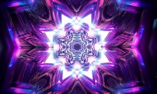 Immerse yourself in a stunning visual experience with this kaleidoscope-like animation. Bright pink and purple hues form an intricate symmetrical pattern, creating an eye-catching and mesmerizing spec