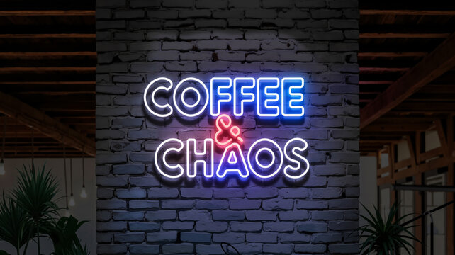 Coffee & Chaos sign Flexible LED tube on a brick loft wall, loft cafe style 