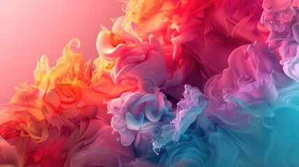 Fototapeta premium Abstract swirling vibrant hues of pink, orange, and blue paint or ink create a dynamic, colorful, and textured cloud-like form