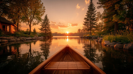 Fototapeta premium Serene Lakeview at Sunset From a Boat Among Landscaped Nature 
