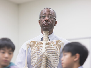 Serious anatomy teacher with skeleton model
