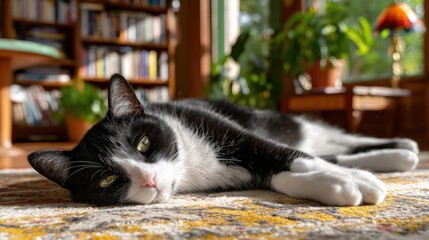 Black and white cat relaxing on rug