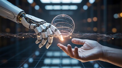 A robotic hand and a human hand reaching towards a glowing digital data sphere in a high-tech lab