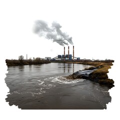 Fototapeta premium An industrial plant spewing smoke into the atmosphere, polluting a river 