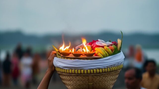 Chhath puja devotee offering prayers with balanced basket on head. Suitable for festival, cultural, religious, and spiritual concepts.