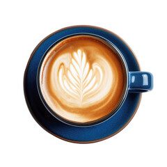 Elegant latte art in blue ceramic cup