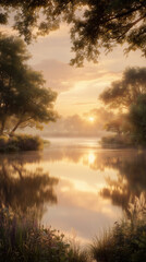 Obraz premium Tranquil Sunrise Over Serene Lake Surrounded by Lush Greenery and Trees 