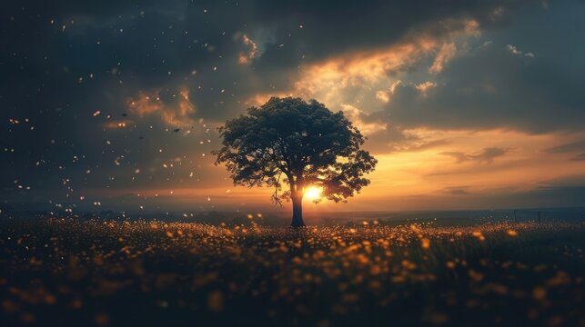 Solitary tree silhouetted against a vibrant sunset, surrounded by a field of glowing flora, with particles drifting in the dramatic sky - Powered by Adobe