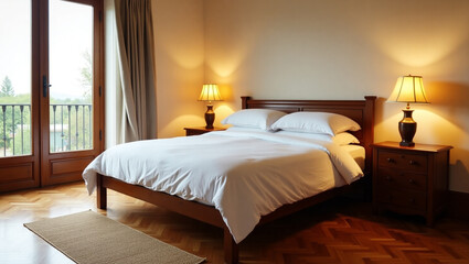 A Serene Wooden Bedroom Featuring a Plush Bed Adorned in Cozy Textiles for Comfort