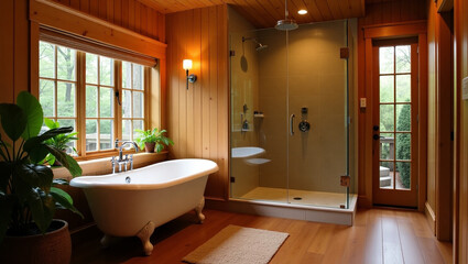 A Serene Wooden Bathroom Corner Featuring a Freestanding Tub for Relaxation