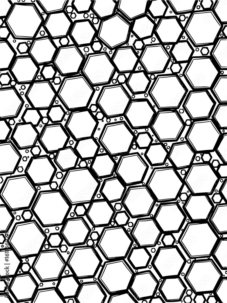 Poster minimilist an abstract geometric pattern featuring various sized hexagons and circles in a black and