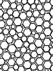 Obraz premium Minimilist an abstract geometric pattern featuring various sized hexagons and circles in a black and white design vector