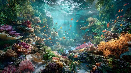 Naklejka premium Vibrant coral reef teeming with colorful fish.