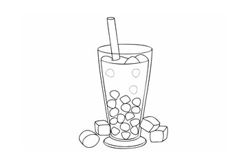 Tall glass beverage with ice cubes and straw drink