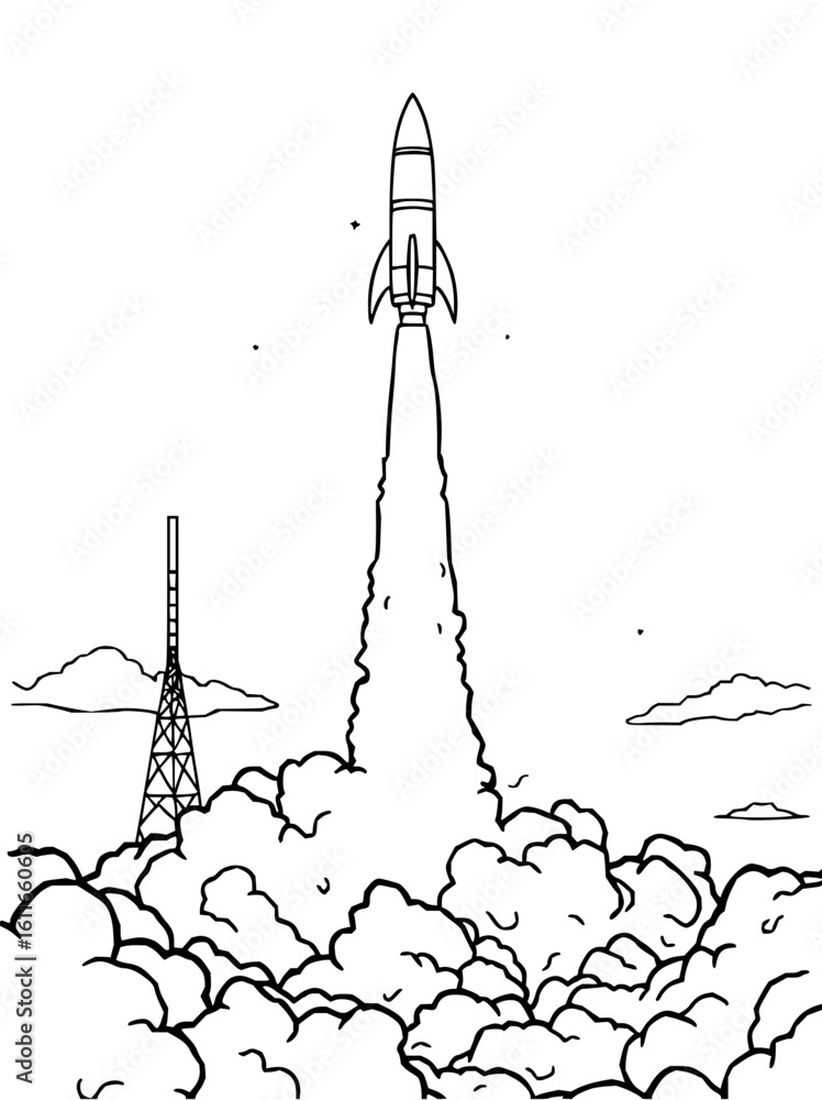 Poster minimilist a rocket blasting off into space with a tower and clouds in a black and white line drawin