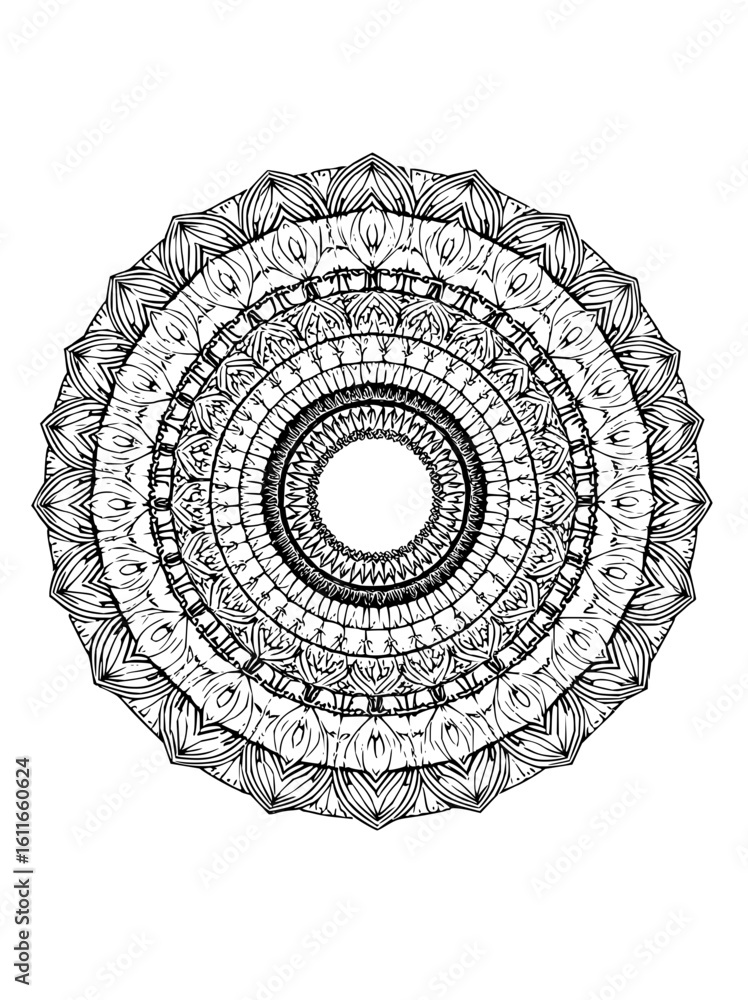 Poster minimilist detailed black and white mandala with intricate patterns and circular symmetry design ele