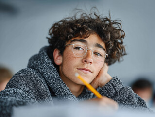 Curly haired student thinking during classroom lesson