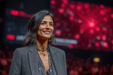 Smiling woman speaker on stage at tech event