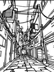 Minimilist black and white illustration of a narrow street with buildings and overhead wires in perspective view vector