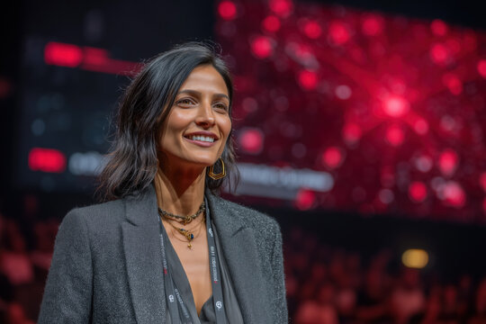 Smiling woman speaker on stage at tech event