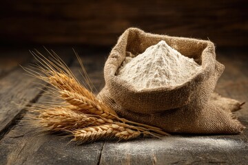 A burlap sack overflowing with fine white flour sits on a rustic wooden surface, next to golden wheat stalks
