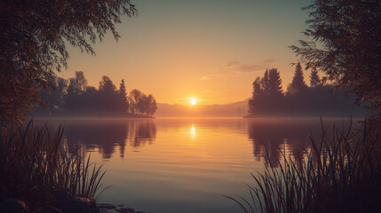 Obraz premium Tranquil Sunrise Over a Calm Lake Surrounded by Lush Vegetation 