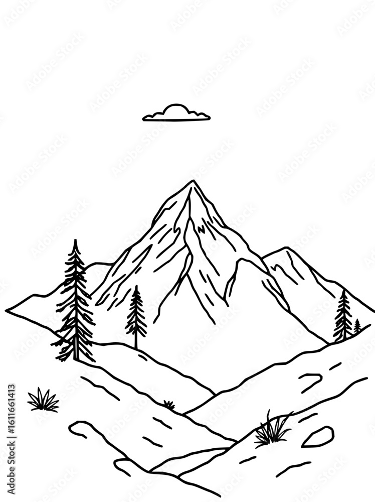 Poster minimilist line art of a mountain landscape with trees and a single cloud in a simple black and whit