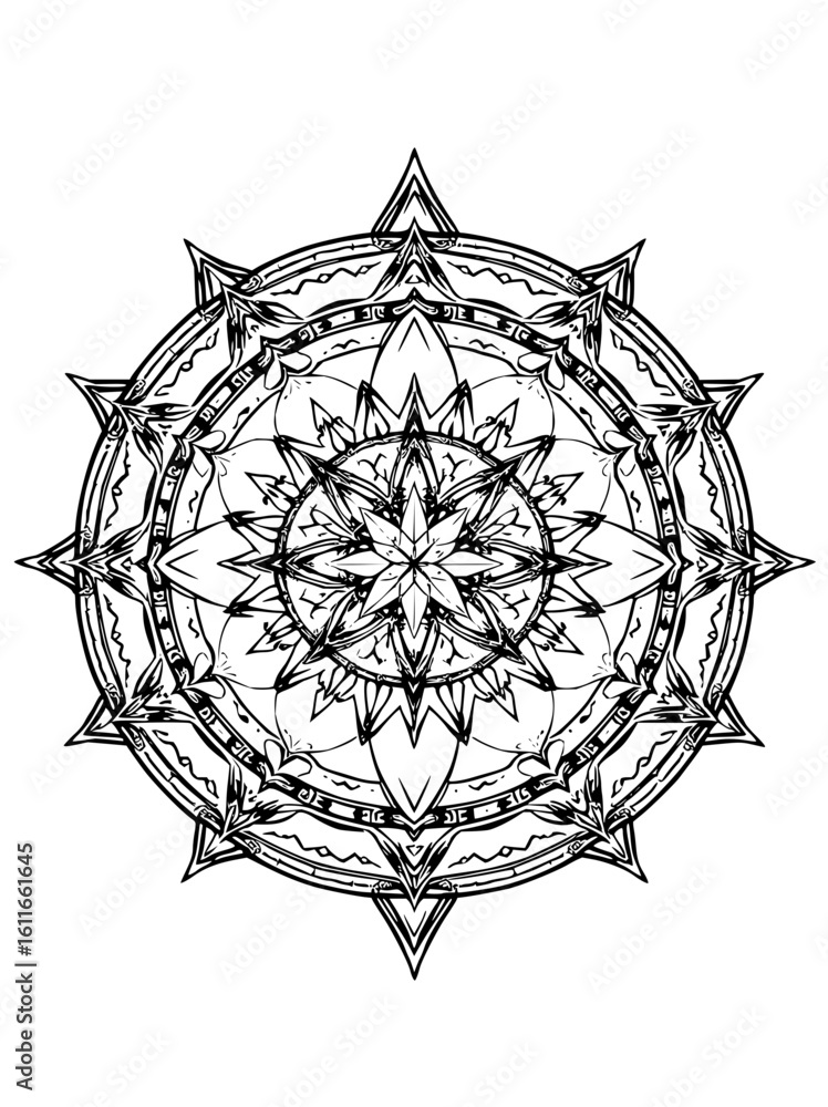 Poster minimilist detailed black and white mandala with intricate patterns and sharp pointed edges radiatin