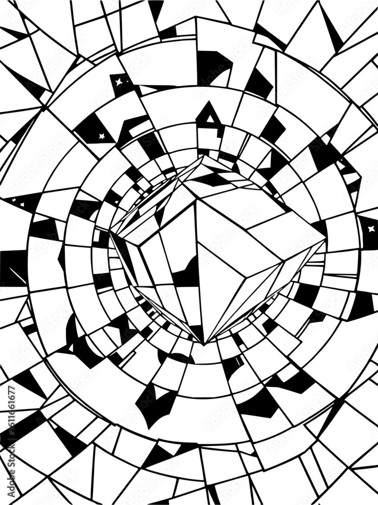 Poster minimilist abstract geometric design featuring a central cube surrounded by concentric shapes and pa