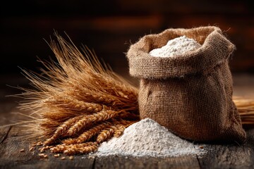 A burlap sack overflows with white flour, spilling onto a rustic wooden surface alongside golden wheat stalks