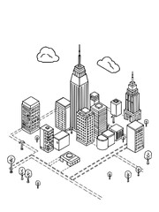 Obraz premium Minimilist isometric cityscape illustration showing buildings trees and clouds in a monochrome line drawing style vector