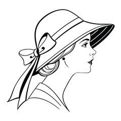 Girl wearing a stylish hat in profile vector illustration with vintage fashion and beauty elements