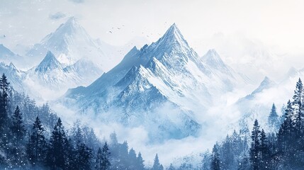 Snowy mountain range landscape winter scene with pine trees and fog beautiful nature background wallpaper silhouette