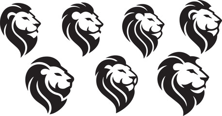 Collection of majestic lion heads in profile facing right with stylized manes