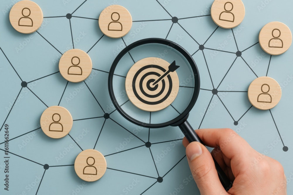 Poster targeted precision: a hand uses a magnifying glass to scrutinize a bullseye target amidst a network 