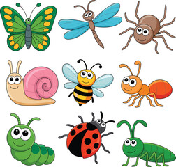Cartoon insects and bugs vector set—butterfly, ladybug, bee, caterpillar, dragonfly, spider, snail, ant, grasshopper for kids’ nature illustrations