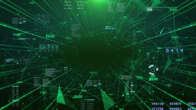 Futuristic Digital Data Stream with Network Connection Lines and Abstract Numeric Interface in Cyber Green Tones 4K Motion Background
