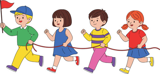 Children walking together in line holding rope—group activity with flag leader, teamwork and safety concept for educational media