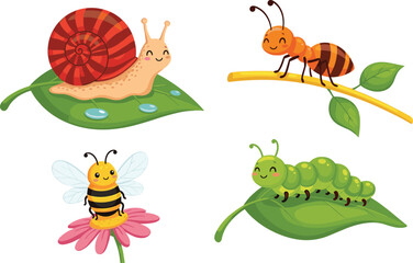 Cute cartoon insect and snail character set—colorful illustrations with leaves, flowers, and branch details for children’s nature clipart designs