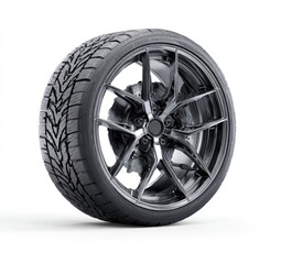 Obraz premium A dark-grey, multi-spoke alloy wheel fitted with a performance tire, angled slightly, isolated on a white background
