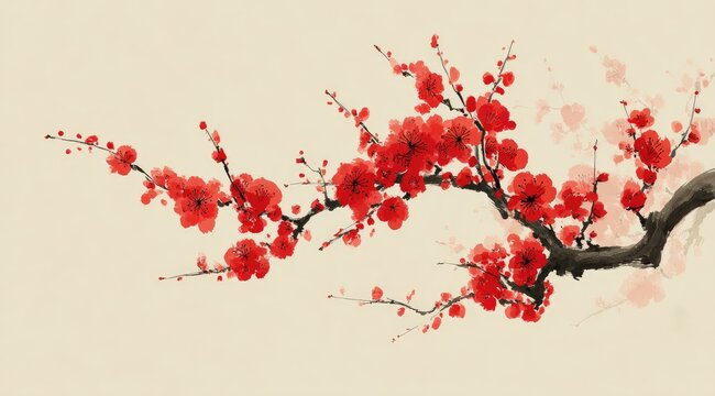 A delicate, stylized painting of a blossoming branch with vibrant red flowers and dark branches against a muted beige background, rendered in a loose, painterly style suggestive of East Asian art
