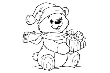 Cute bear holding a gift in a winter setting perfect for coloring fun during the holiday season