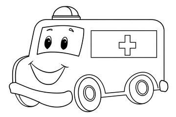 Cute smiling cartoon ambulance ready for coloring activity for children in a fun and creative learning environment